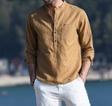 Wiaofellas Men's Casual Shirt Cotton Solid Color Long Sleeve Blouse Chic Stand Collar Fashion Handsome Tops Streetwear Camisas