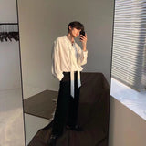 Wiaofellas Four Seasons Korean Men's Loose Retro Chiffon Fabric Bow Tie Shirt Men's Long Sleeve Nice Clothes Shirts White/black Color Coats