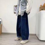 Wiaofellas New Style Men's Retro Streetwear Trousers Straight Overalls Hip Hop Casual Pants Trendy Loose Wide Leg Pants Blue Color Jeans