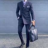 Wiaofellas Navy Blue Pinstripe Male Suit Double Breasted Tuxedos for Men Slim Fit 2-Piece Formal Business Men Clothing Costume Homme