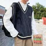 Wiaofellas Sweater Vest Men Fashion Streetwear Trendy V-neck Solid Color Loose Sleeveless Vest Pullover Men's Knitwear Autumn