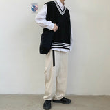 Wiaofellas Men Sweater Vests Striped Sleeveless V-neck Knitted Shrug Ins Preppy Style Ulzzang Chic Leisure Loose Male Clothing Harajuku New