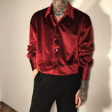 Wiaofellas Velvet Red Luxury Clothes For Mens Burgundy Velour Shirts Mens Retro Elegant Plush Blouse Black Mens Shirts Unusual Party Club