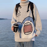 Wiaofellas Men Turtlenecks Shark Sweater Men  Winter Patchwor Harajuku Korean Style High Neck Oversized Grey Turtleneck For Men