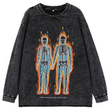 Wiaofellas Oversize Washed T-Shirt Streetwear Harajuku Vintage Retro flame skulls Graphic Printed T Shirt Men Spring Long Sleeve Tshirt