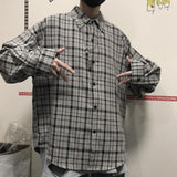 Wiaofellas Ootdstudio Korean ins versatile Plaid loose oversize long sleeve shirt for men and camisa masculina gray shirts