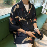 Wiaofellas Mens Crane Print Shirts Harajuku Summer Vintage Button Up Short Sleeve Shirts Male Korean Fashions Smooth Blouses