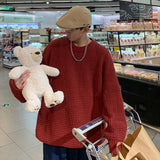Wiaofellas Waffle Round Neck Sweater Oversized Solid Color Fashion Harajuku Men's Jumpers Autumn Casual Knitted Pullovers
