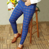 Wiaofellas Men's Casual Plaid Print Pants Skinny Pencil Pants Zipper Elastic Waist Social Pants Oversize Male Business Suit Trousers
