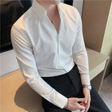 Wiaofellas British Casual Slim Shirt Dress Camisa Masculina Social Spring Italian V-neck Shirt Summer Men Short Sleeve Simple Shirt