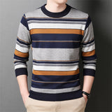 Wiaofellas Striped Round Neck Long Sleeve Hipster Knitted Pullover Sweater Men Winter Quality Fashion Casual Soft Elastic Pull Homme M-XXXL