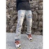 Wiaofellas Original Ripped Jeans for Men Vintage Wash Hole Loose Micro Horn Jeans Trousers High Street Men Clothing Streetwear Denim Pants