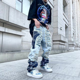 Wiaofellas Fashion Streetwear Mens Washed Knife Cut Damaged Patch Ripped Jeans Stitching Men's and Women's Straight Loose Wide Leg Pant