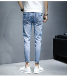 Wiaofellas teenagers Denim Jeans men's Korean feet brand stretch men's trousers summer thin casual ripped ankle length pants