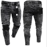 Wiaofellas Jeans Men's Distressed Stretch Ripped Biker Jeans Men Hip Hop Slim Fit Holes Punk Jeans Zipper Pure Color Denim Pants