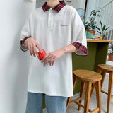 Hong Kong style fake two-piece polo shirt men's short-sleeved tshirt summer plaid stitching preppy shirt loose unisex streetwear