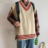 Wiaofellas Men Sweater Vests Striped Sleeveless V-neck Knitted Shrug Ins Preppy Style Ulzzang Chic Leisure Loose Male Clothing Harajuku New