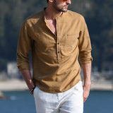 Wiaofellas Men's Casual Shirt Cotton Solid Color Long Sleeve Blouse Chic Stand Collar Fashion Handsome Tops Streetwear Camisas