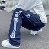 Wiaofellas Straight Jean Pants Man Skeleton Embroidery  Mopping Trousers Mens Streetwear Denim Pants Men's Clothing Jeans for Men Man Baggy