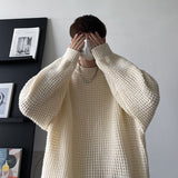 Wiaofellas Waffle Round Neck Sweater Oversized Solid Color Fashion Harajuku Men's Jumpers Autumn Casual Knitted Pullovers