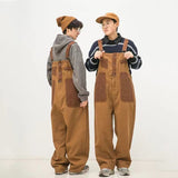 Wiaofellas Men's New Japanese Retro Overalls Brown Color Casual Pants Couple Pants Loose Straight Trousers Salopettes Romper Jumpsuit