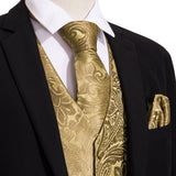 Wiaofellas 4PC Mens Extra Silk Vest Party Wedding Gold Paisley Solid Floral Waistcoat Vest Pocket Square Tie Suit Set Barry.Wang BM-2017