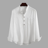 Wiaofellas Men's Casual Shirt Cotton Solid Color Long Sleeve Blouse Chic Stand Collar Fashion Handsome Tops Streetwear Camisas