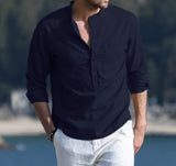 Wiaofellas Men's Casual Shirt Cotton Solid Color Long Sleeve Blouse Chic Stand Collar Fashion Handsome Tops Streetwear Camisas