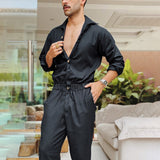 Wiaofellas Men Solid Color Jumpsuit Playsuit  Buttons Casual Cargo Clothes Overalls Turn Down Collar Long Sleeve Oversized Waist Pants