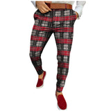 Wiaofellas Men's Casual Plaid Print Pants Skinny Pencil Pants Zipper Elastic Waist Oversize Pants Streetwear Trousers Men's Clothing