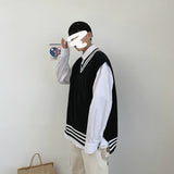 Wiaofellas Men Sweater Vests Striped Sleeveless V-neck Knitted Shrug Ins Preppy Style Ulzzang Chic Leisure Loose Male Clothing Harajuku New