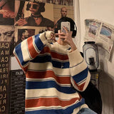 Wiaofellas Men's Fashion Loose Coats Striped Printing Wool Sweater Couples Clothes Cashmere Knitting In Warm Round Neck Pullover M-2XL