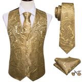 Wiaofellas 4PC Mens Extra Silk Vest Party Wedding Gold Paisley Solid Floral Waistcoat Vest Pocket Square Tie Suit Set Barry.Wang BM-2017