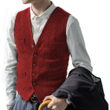 Wiaofellas Men's Suit Vest Wool Blend Elegant Sleeveless V-neck Button Slim Fit Herringbone Waistcoat For Wedding