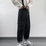 Wiaofellas Men Cargo Jeans Baggy Solid Black Pockets Large Size S-3XL Soft Korean Style Streetwear All-match Daily Trendy Suspenders Retro