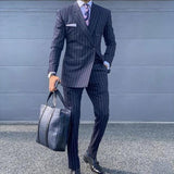 Wiaofellas Navy Blue Pinstripe Male Suit Double Breasted Tuxedos for Men Slim Fit 2-Piece Formal Business Men Clothing Costume Homme
