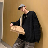 Wiaofellas Waffle Round Neck Sweater Oversized Solid Color Fashion Harajuku Men's Jumpers Autumn Casual Knitted Pullovers