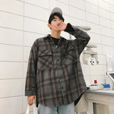 Wiaofellas Spring Retro Woolen Plaid Long-sleeved Shirt Male Loose Korean Harajuku Style Casual Couple Tide Brand Shirt Jacket Men Shirt