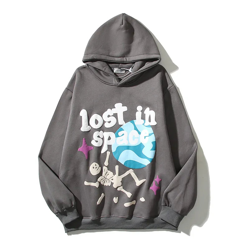 Wiaofellas High Street Letter Foam Skull Vintage Fleece Hooded Hoodies Men and Women Pullover Casual Loose Autumn Winter Sweatshirts