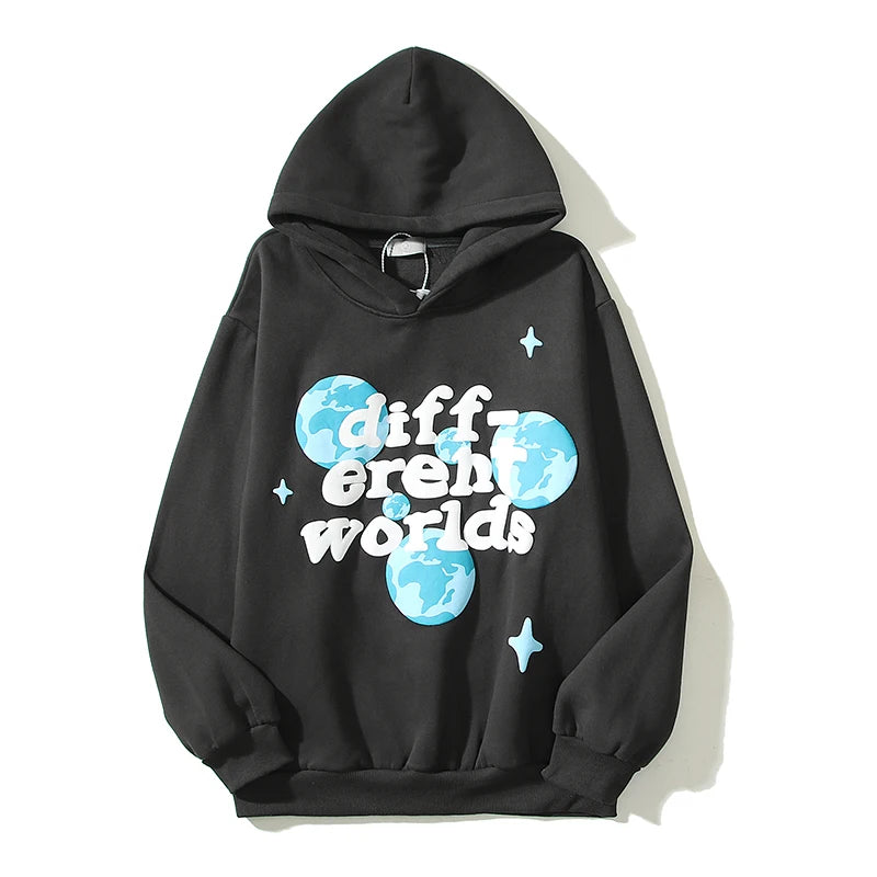 Wiaofellas High Street Letter Foam Skull Vintage Fleece Hooded Hoodies Men and Women Pullover Casual Loose Autumn Winter Sweatshirts