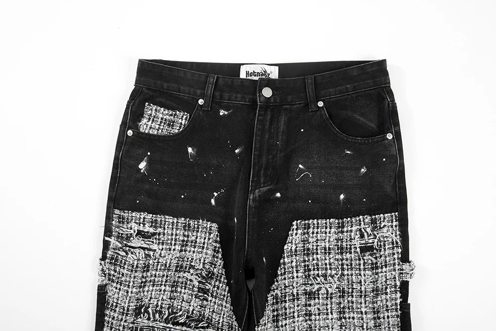 Wiaofellas High Street Patchwork Hole Distressed Painted Jeans Pants for Men Straight Y2K Baggy Casual Cargos Oversized Denim Trousers