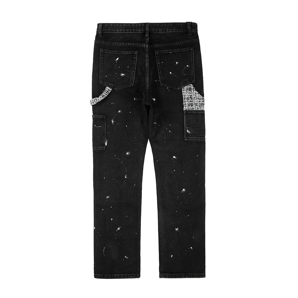 Wiaofellas High Street Patchwork Hole Distressed Painted Jeans Pants for Men Straight Y2K Baggy Casual Cargos Oversized Denim Trousers