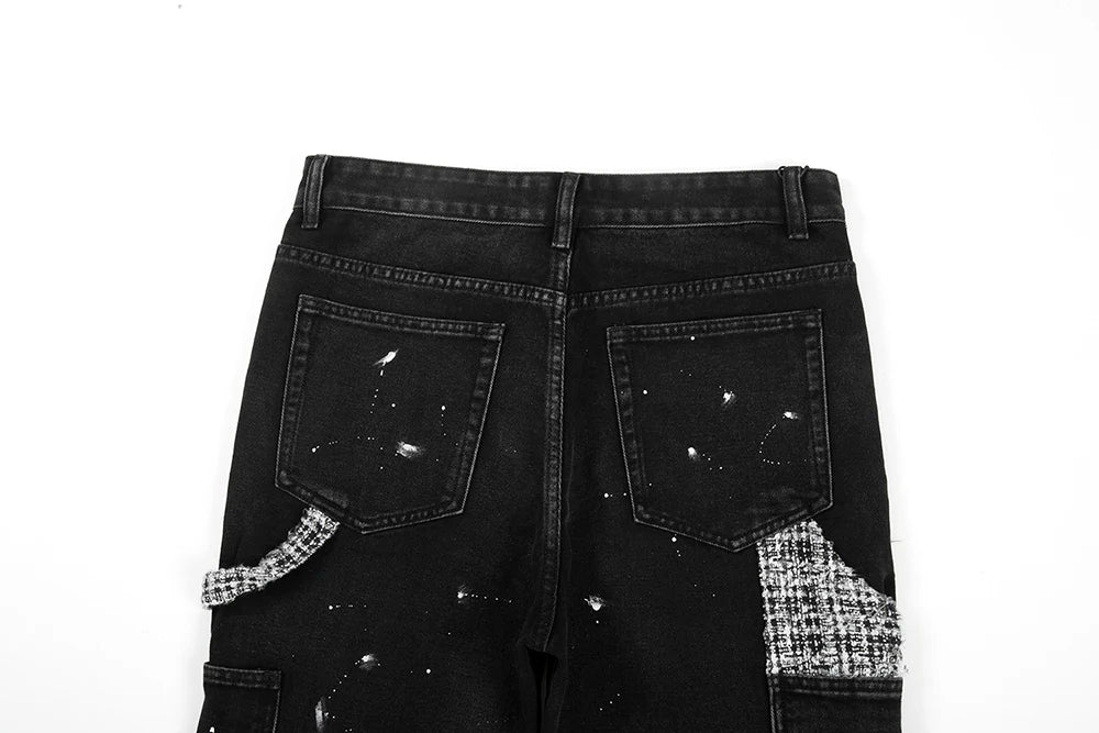Wiaofellas High Street Patchwork Hole Distressed Painted Jeans Pants for Men Straight Y2K Baggy Casual Cargos Oversized Denim Trousers
