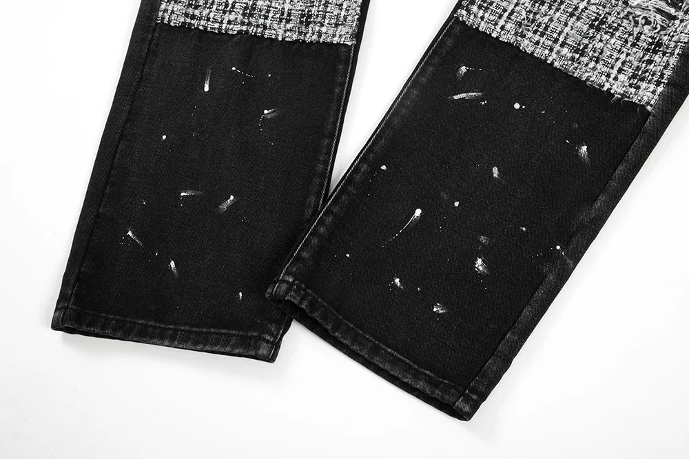 Wiaofellas High Street Patchwork Hole Distressed Painted Jeans Pants for Men Straight Y2K Baggy Casual Cargos Oversized Denim Trousers