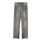 Wiaofellas Hip Hop Washed Destroyed Jean Pant Slim Fit Mens Streetwear Knee Hole Long Ribbon Jeans Vintage Distressed Skinny Denim Trousers