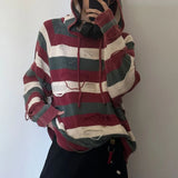 Wiaofellas Holed Striped Lazy Style Hooded Sweater Mens American Retro Loose Comfortable Casual Trendy Autumn Winter Knitted Sweater Jacket