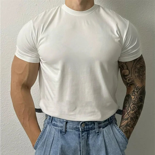 Wiaofellas Large Size Solid All-match O Neck Casual T-shirt Summer New Elastic Slim Short Sleeve T-shirt Tops Men's Fitness Sports Tights