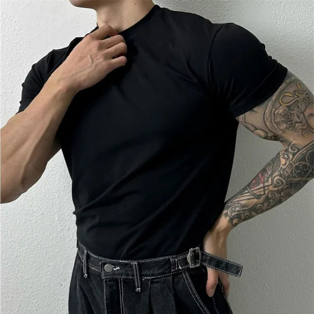 Wiaofellas Large Size Solid All-match O Neck Casual T-shirt Summer New Elastic Slim Short Sleeve T-shirt Tops Men's Fitness Sports Tights