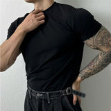 Wiaofellas Large Size Solid All-match O Neck Casual T-shirt Summer New Elastic Slim Short Sleeve T-shirt Tops Men's Fitness Sports Tights