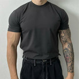 Wiaofellas Large Size Solid All-match O Neck Casual T-shirt Summer New Elastic Slim Short Sleeve T-shirt Tops Men's Fitness Sports Tights